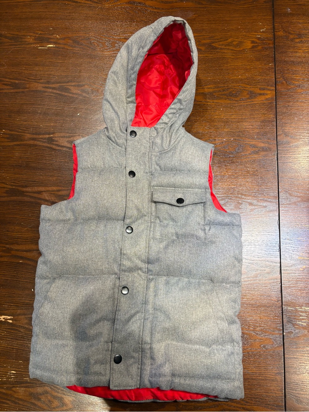 Old Navy Grey Puffer Hooded Vest with Red Lining